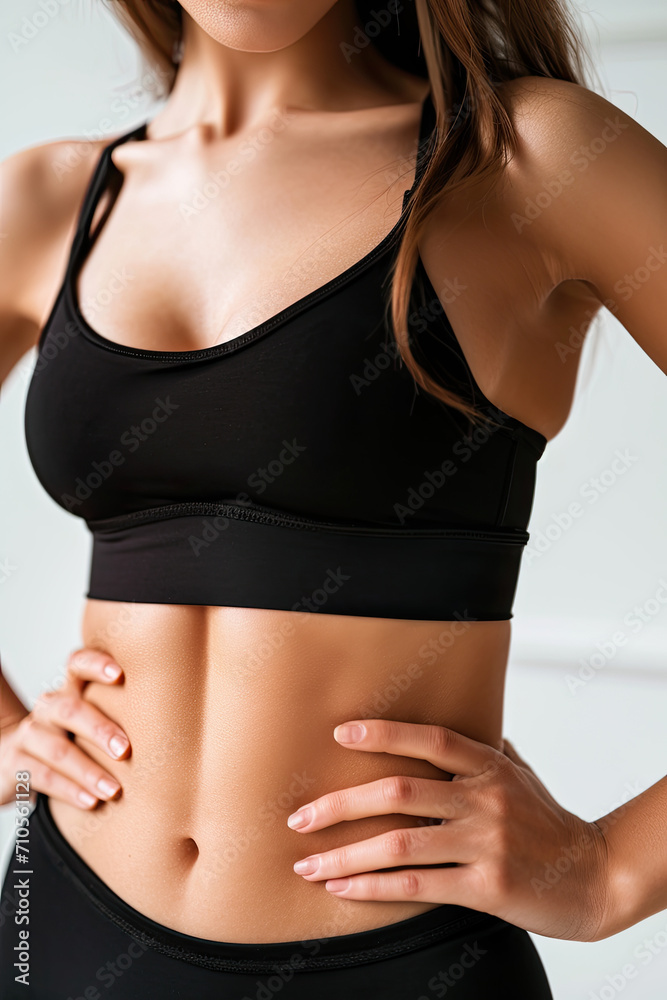 Young woman with flat belly on beige background, closeup. Plastic surgery concept