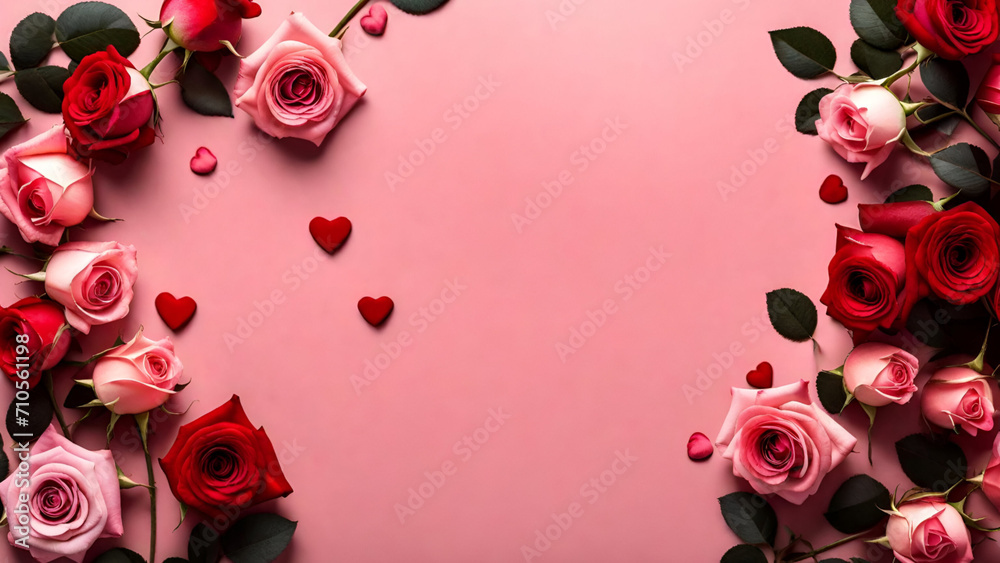 Your loved one need love, appreciation, and admiration, pink background with frame of pink and red roses and green leaves  - obrazy, fototapety, plakaty 