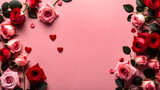 Your loved one need love, appreciation, and admiration, pink background with frame of pink and red roses and green leaves 