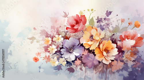 watercolor style illustration of flower bouquet blossom, background wallpaper, color splash technique texture. Generative Ai