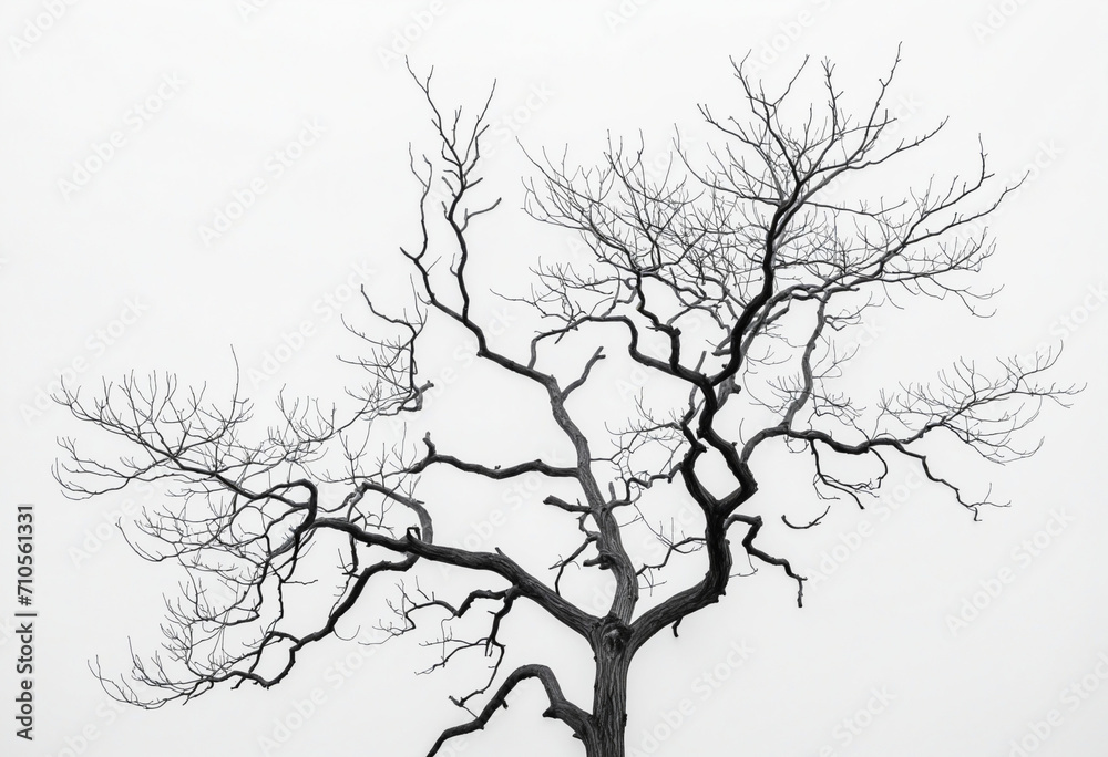 Fototapeta premium Branch and tree silhouette on white backdrop. Natural texture backdrop for graphic design and decor. Artistic black and white composition.