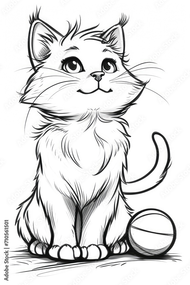 Cat and ball theme children's coloring sheet Cat and ball theme children's coloring sheet