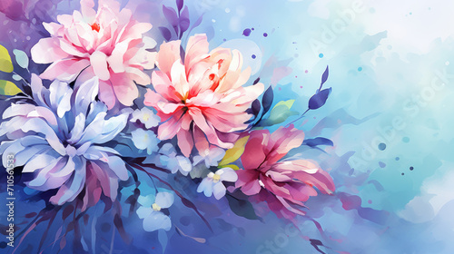 watercolor style illustration of flower bouquet blossom, background wallpaper, color splash technique texture. Generative Ai