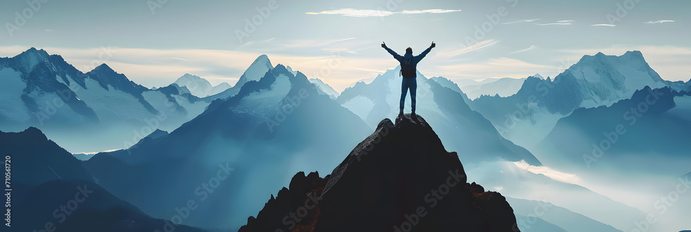 Positive man celebrating on mountain top, with arms raised up, illustration - obrazy, fototapety, plakaty 