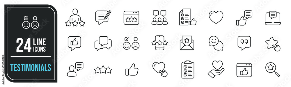 Testimonial minimal thin line icons. Related feedback, revie, rating, survey. Editable stroke. Vector illustration. Testimonial minimal thin line icons. Related feedback, revie, rating, survey. Editable stroke. Vector illustration.