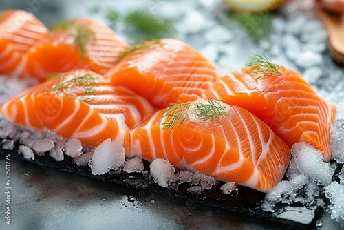 Glistening raw salmon over ice, an inviting display for seafood lovers