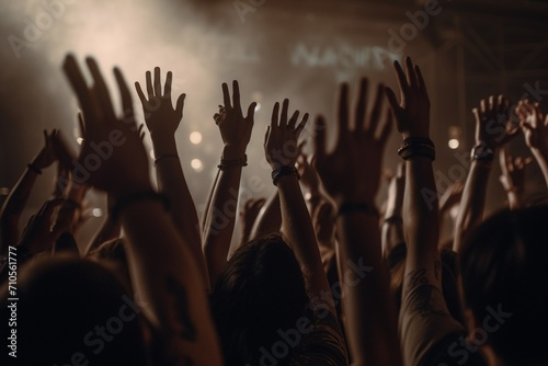 Energetic Concert Revelry: Dynamic Crowd of People Dancing, Vibrant Music Celebration.