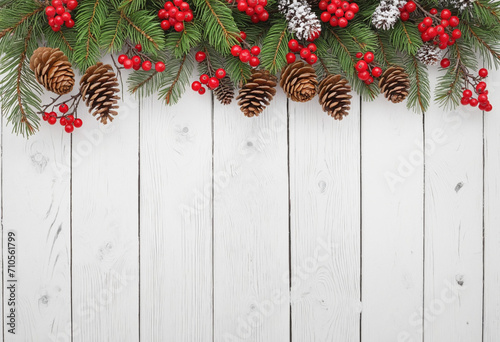 Festive Christmas Border on White Wood Background  Copy Space