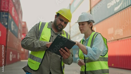 Indian foreman and caucasian female industrial engineer using tablet for working together at warehouse. Man and woman industrial engineer checking container box from factory to cargo freight ship photo