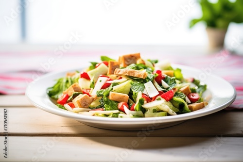 fattoush with pomegranate seeds, natural light casting shadows