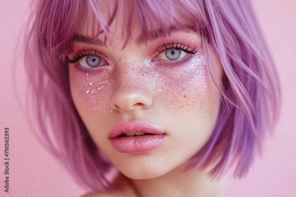  close up portrait of a young woman with vibrant violet glitter makeup and hari 