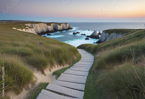 Coastal trails for a scenic walk along the wild coast of Quiberon in Brittany by the sea photo