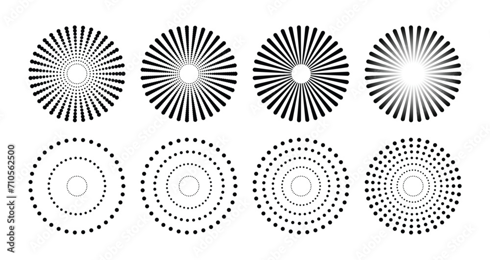 Halftone dots - half tone comic spray spiral dots - black and white grunge texture effect - sunbeam geometric vector 