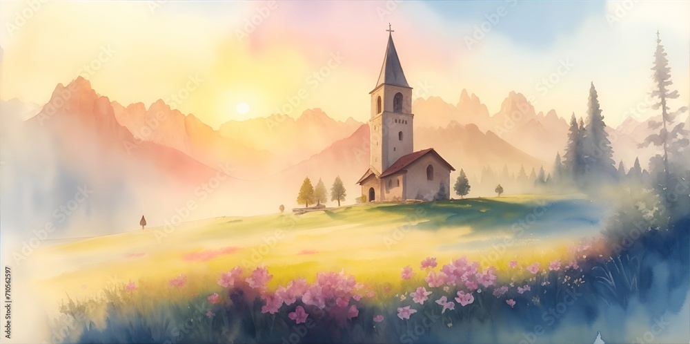 Church in Dolomites. AI generated illustration