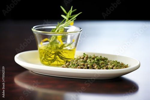 fava bean dip with herbs garnish in a glass bowl