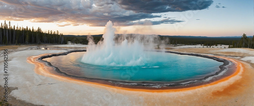 Gorgeous Panorama of Yellowstone Park with blue sky and puffy clouds at sunset 