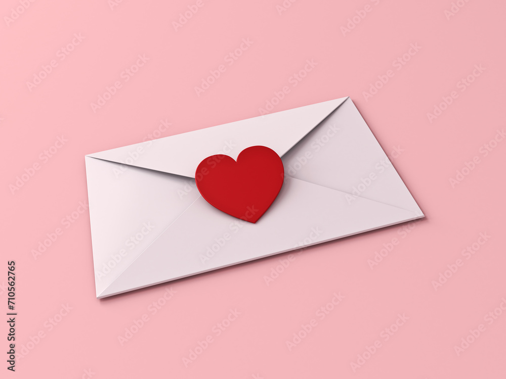 3d love letter sign symbol concept white envelope with red love heart sticker isolated on pink pastel color background with shadow minimal conceptual for love day and valentines day 3D rendering