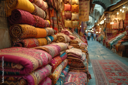 A bustling ancient bazaar in the Wild East, filled with colorful fabrics and exotic spices. photo
