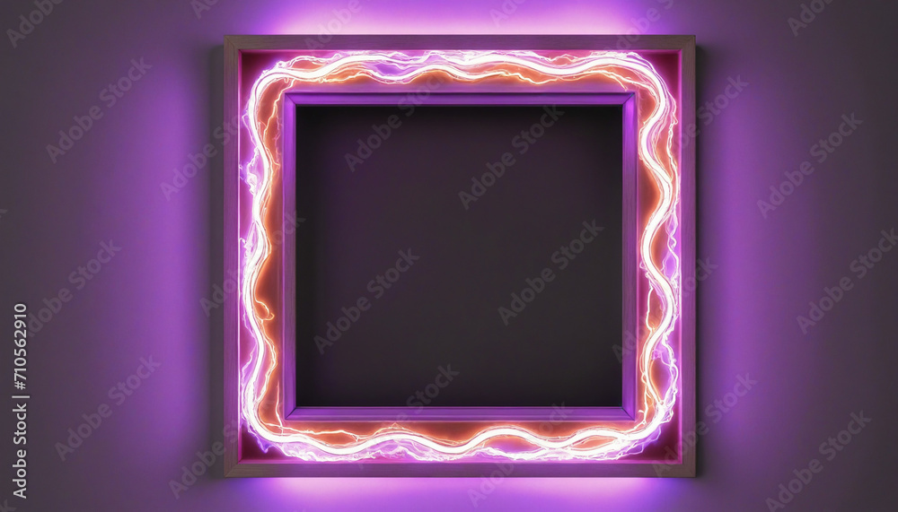 Electrically illuminated empty frame with burning flame sign on glowing round border. Blank rectangle engulfed in electric power around frame lights. Best stock photo of purple and pink electric energ Electrically illuminated empty frame with burning flame sign on glowing round border. Blank rectangle engulfed in electric power around frame lights. Best stock photo of purple and pink electric energ