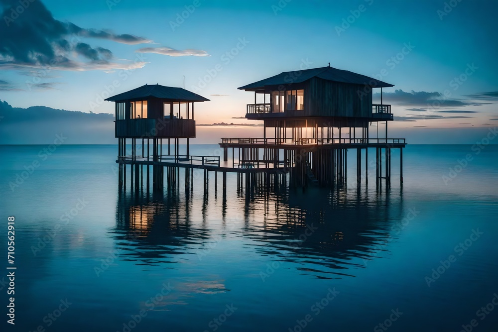 An overwater retreat standing alone amidst the calm ocean at twilight, its stilts creating a symphony of reflections, painting an ethereal scene on the glassy waters below. An overwater retreat standing alone amidst the calm ocean at twilight, its stilts creating a symphony of reflections, painting an ethereal scene on the glassy waters below.