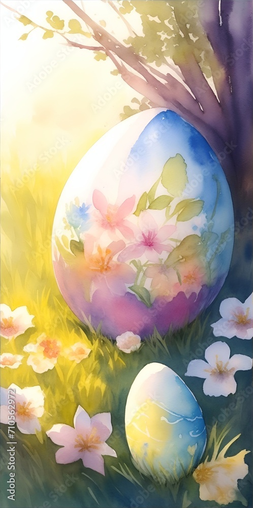 Easter eggs in the grass. Watercolor paint. AI generated illustration Easter eggs in the grass. Watercolor paint. AI generated illustration