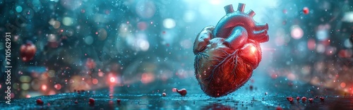 the image features a heart and different instruments, in the style of medical imaging film., light teal and dark red, artificial environments, miscellaneous academia, collaged elements, tilt-shift pho