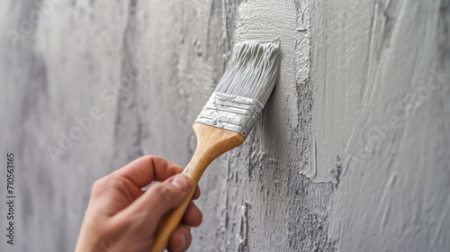 A painter paints on the surface of a wall with a brush. Apartment painting, renovation with gray paint.