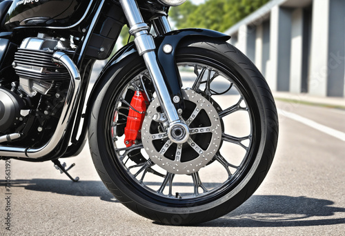 Close-up of a modern motorcycle s front wheel on pavement. Classic bike with sporty aesthetics  featuring a distinctive tire tread and spoked rims.