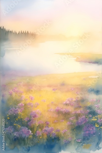 Spring meadow watercolor. AI generated illustration
