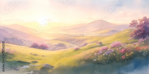 Spring meadow watercolor. AI generated illustration © vector_master
