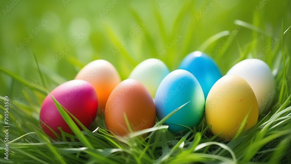 search for colorful eggs lying in the green grass in the spring for Easter holidays, the concept of a greeting card or banner