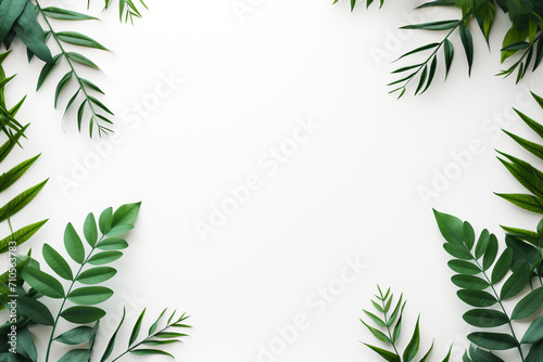 Green leaves frame. Herbal foliage border decoration on white background. Top view in copy space with a place for text. For invitations  wedding  greeting cards. Generative AI. 
