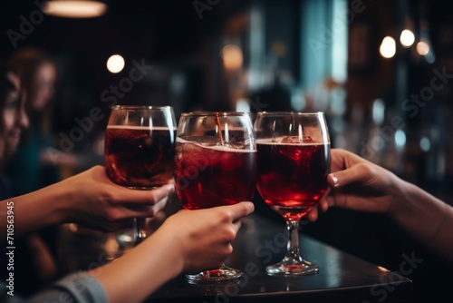 Des jeunes amis en train de boire un verre de vin rouge pendant une soirée festive. photo