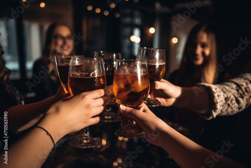 Des jeunes amis en train de boire un verre de vin rouge pendant une soirée festive. photo