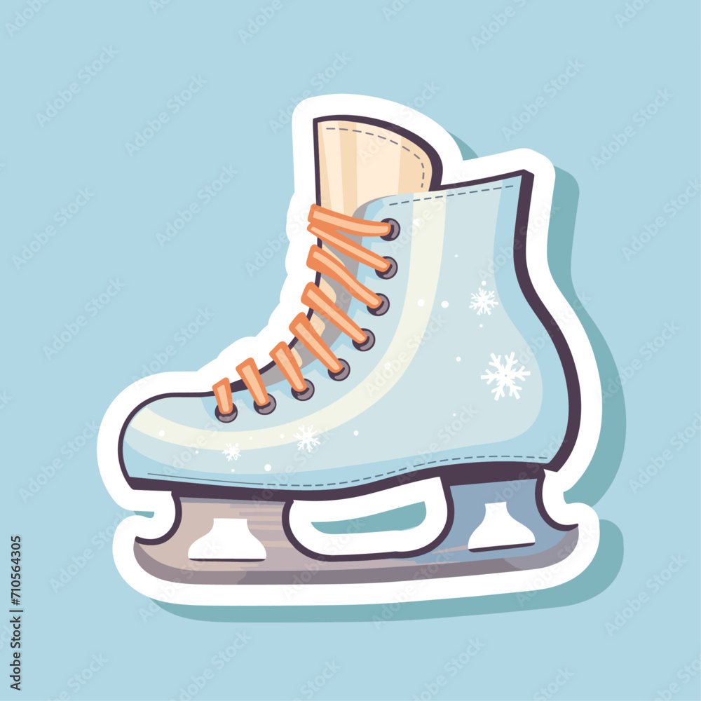 Pair of white Ice skates. Figure skates with snowflakes. Women's ice skates. Texture of ice surface. Vector illustration sticker isolated on white background 