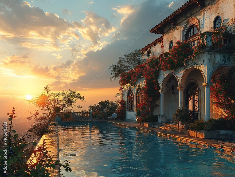 Obraz premium the pool at a mansion at sunset, calm seas and skies, naturalistic poses, travel, 32k uhd