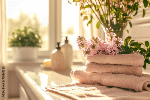 Bathroom with delicate flowers and towels on sunny background. Generative AI photo
