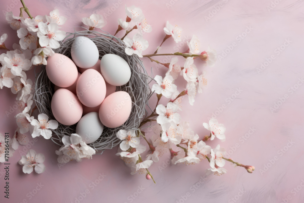 Easter background in pastel colors. Nest with eggs and spring blossom branches. Generative AI