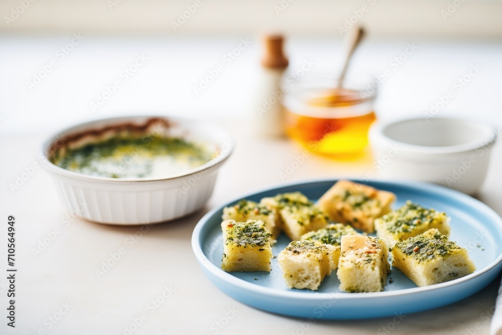 half-eaten focaccia with pesto dip in a small bowl half-eaten focaccia with pesto dip in a small bowl