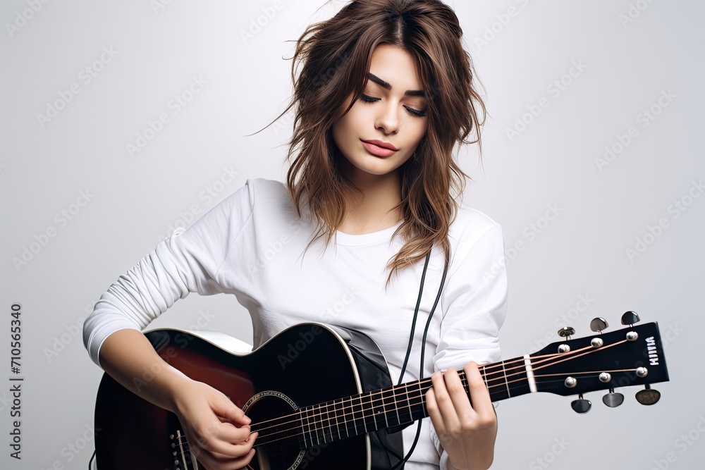 A beautiful brunette sits on a white background and plays the guitar. She is wearing a white sweater and headphones that are hidden behind her beautiful hair. A beautiful brunette sits on a white background and plays the guitar. She is wearing a white sweater and headphones that are hidden behind her beautiful hair.