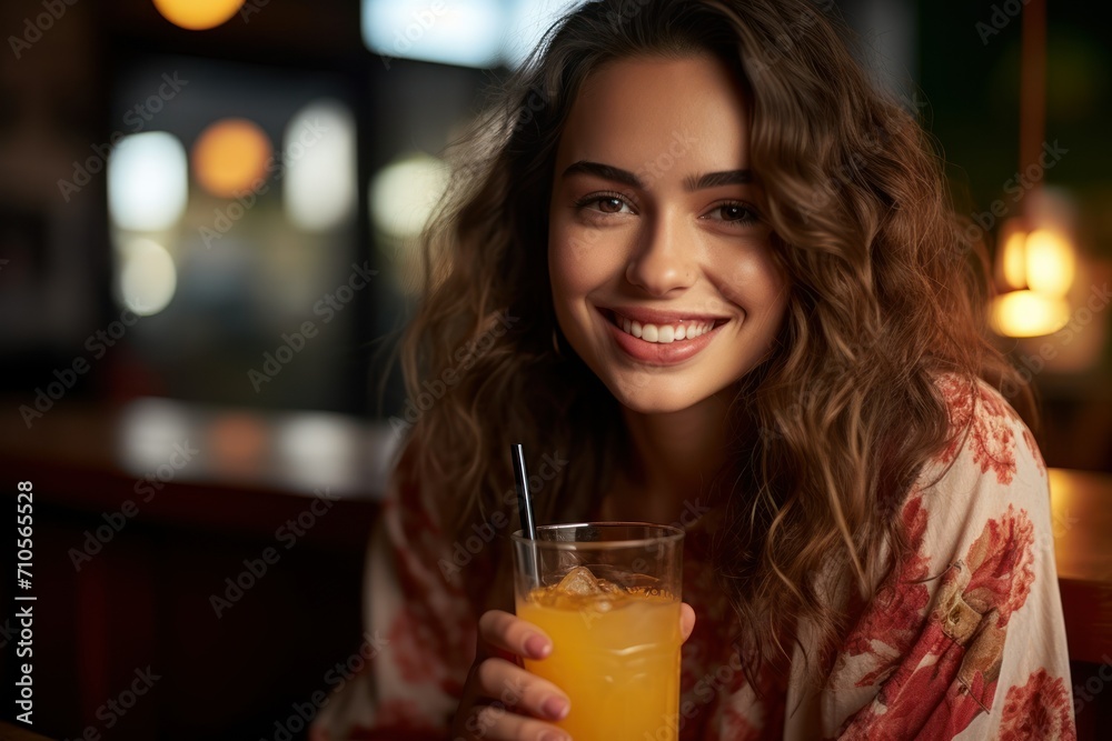 Young woman close up portrait drink juice Young woman close up portrait drink juice