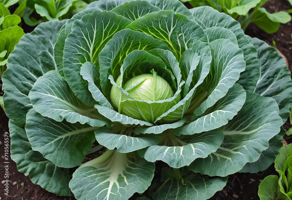 Fototapeta premium Organic homestead with cabbage growing on raised garden bed