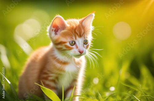 Adorable red kitten sits on a grass in a sunny day. Summer 