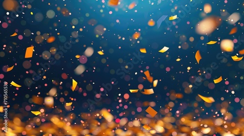 Marigold and slate blue festive background with colorful confetti-like particles