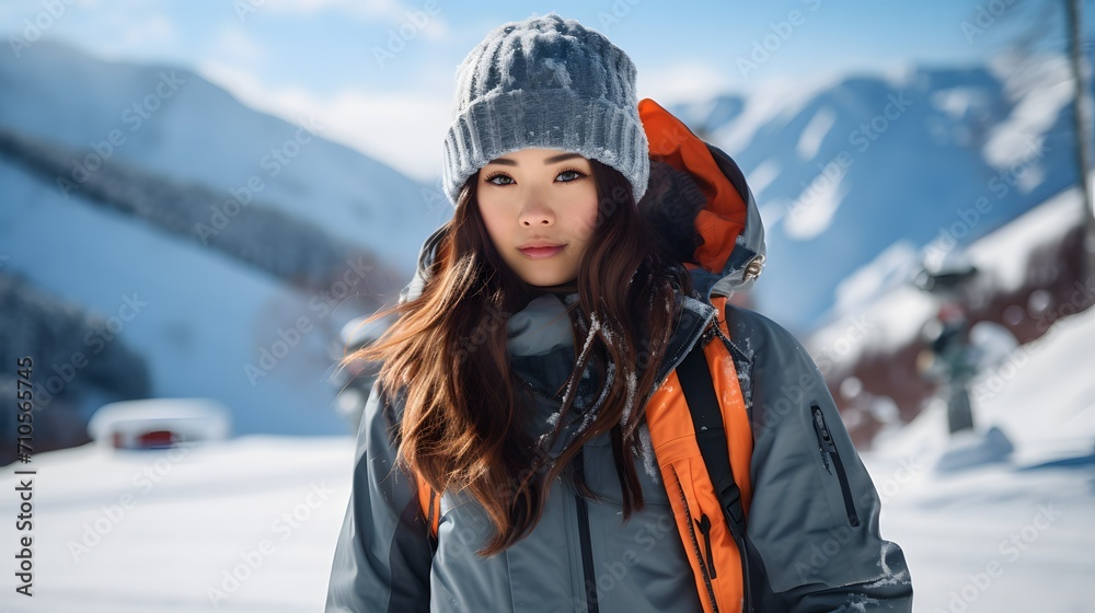 雪山で見つめる女性