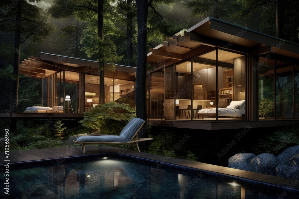 3d rendering of modern cozy chalet with pool and parking for sale or rent. Beautiful forest in the background. Clear summer night with many stars on the sky.