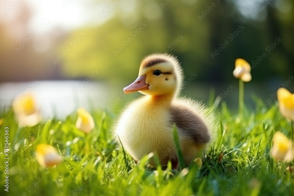 Cute fluffy duckling on green grass outdoors. Baby animal Cute fluffy duckling on green grass outdoors. Baby animal