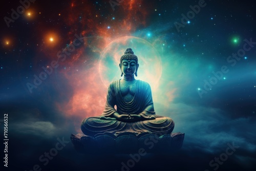 Meditating Buddha with Chakras in Deep Space