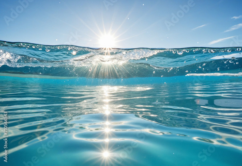 Summer resort water reflection, water ripple under bright sunny sky. 