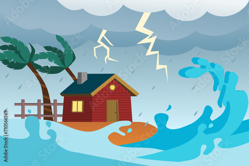Tsunami seascape storm landscape. Big waves and a house on the beach. Vector illustration.
